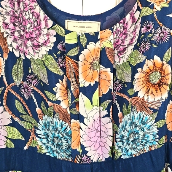 Moulinette Souers Anthropologie Mable Blue Silk Dress Small Floral Summer Lined - Picture 3 of 8
